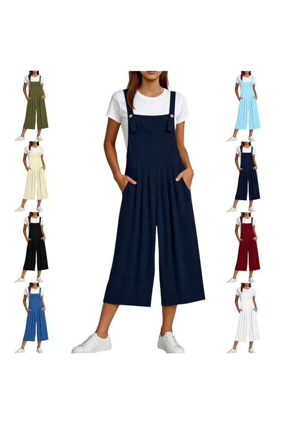 Womens Adjustable Jumpsuits Casual Wide Leg Overalls Summer Boho Sleeveless Square Neck Loose Lightweight Rompers with Pocket