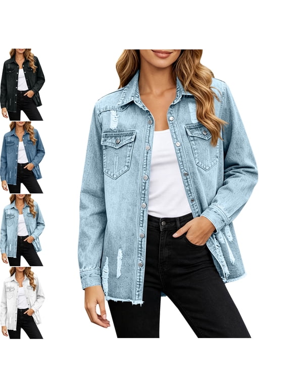 Womens Button Down Oversized Distressed Boyfriend Jean Jacket Long Sleeves Collared Fall Lightweight Coat Classic Country Denim Jacket with Pockets