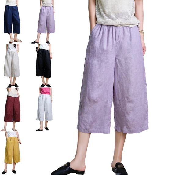 MLCDZ Womens Cotton Linen Lightweight Cropped Pants Loose Fit Wide Leg Capri Casual Loose Plus Size Elastic Waist Trousers