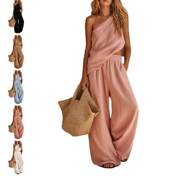 MLCDZ Womens Cotton Linen Sets 2 Piece Vacation Matching Outfits One Shoulder Sleeveless Crop Top Loose Wide Leg Pants Pockets Boho Travel Resort Outfit