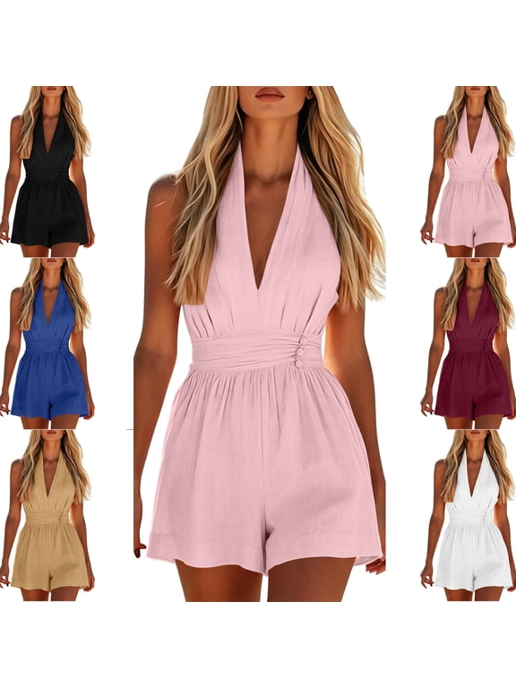 Womens Deep V Neck Halter Sleeveless Jumpsuit Flowy lightweight Loose Fit Shorts Romper Vacation Hiking Concert Mini Outfit