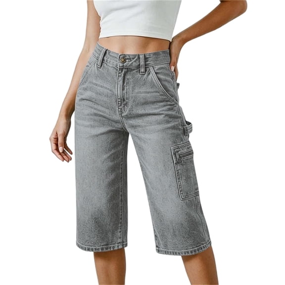MLCDZ Womens High Waisted Stretch Wide Leg Loose Fit Breathable Denim Capri Pants Casual Below The Knee Length Jean Capris with Pockets