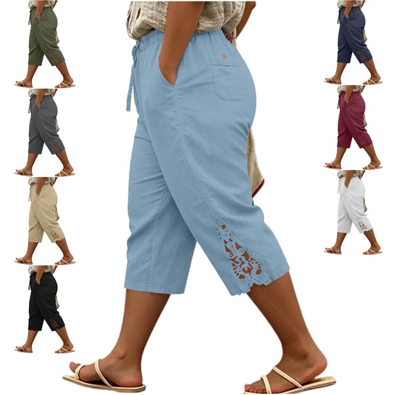 MLCDZ Womens Large Size Lace Capri Pants Casual Loose Cotton Linen Trousers Lightweight Drawstring Elastic Waist Pants with Pockets