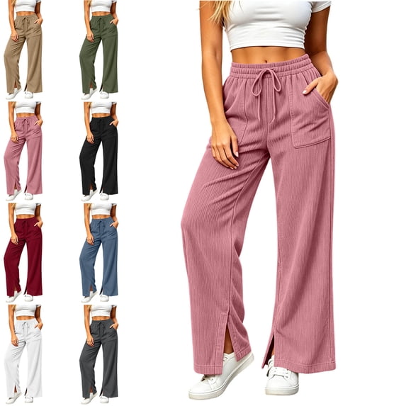 MLCDZ Womens Pants Corduroy Wide Leg Drawstring Elastic Waisted Side Slit Trousers with Pockets Casual Lightweight Workout Golf Gym Pants