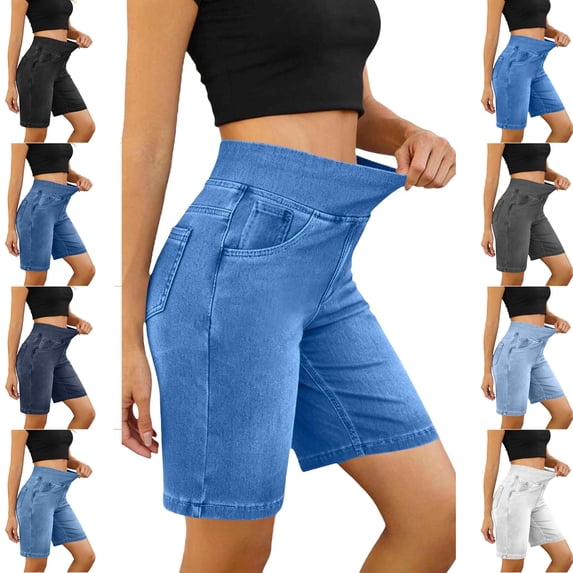 MLCDZ Womens Plus Size Jean Shorts High Waisted Stretchy Elastic Waist Tummy Control Pull On Denim Bermuda Shorts with Pockets Daily Commute Short Pants