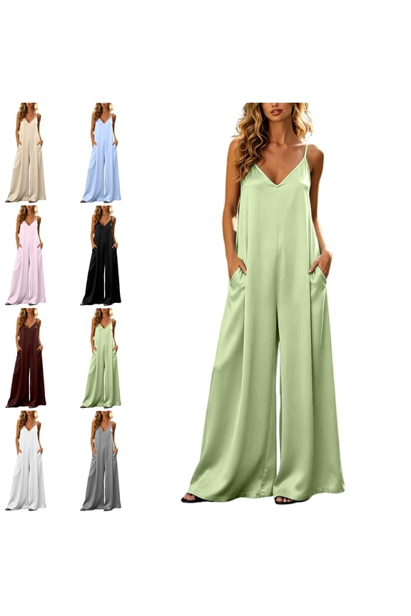 Womens Satin Wide Leg Jumpsuits Dressy Casual Flowy Spaghetti Strap V Neck Sleeveless Indoor Date Night Rompers One Piece Outfits with Pockets