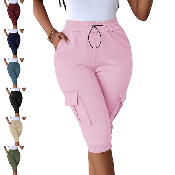 MLCDZ Womens Slim Cargo Shorts with Multiple Pockets Drawstring Elastic High Waisted Long Shorts for Hiking Athletic