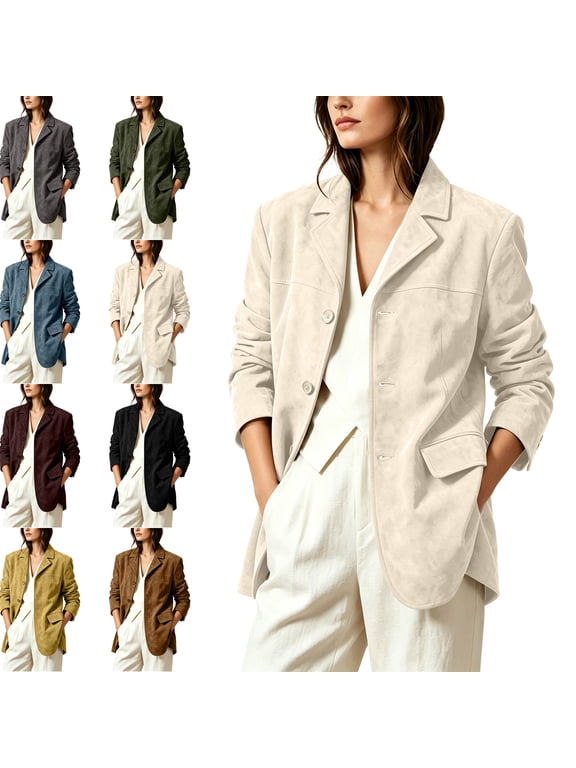 Womens Suede Jacket Fall Long Sleeves Collared Casual Lightweight Oversized BlazerJacket Baggy Going Out Trench Coat with Pockets