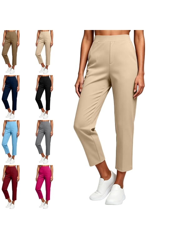 Womens Travel Pants Lightweight Elastic Waist Stretch Capri Pants with Multiple Pockets Petite Ankle Dressy Golf Work Business Casual Slacks