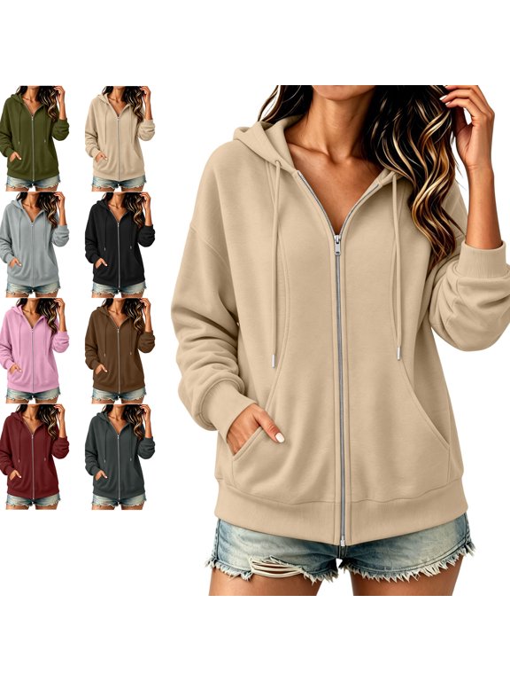 Womens Zip Up Drawstring Hoodies Long Sleeve Hooded Sweatshirts Y2K Fall Casual Trendy Jacket Lightweight Loose Fit Daily Commute Coat with Pockets