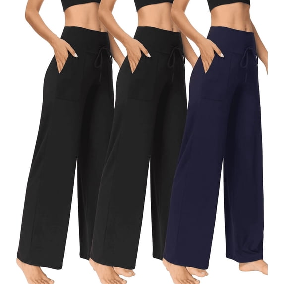 MLDRA 3 Pack Women's Wide Leg Pants with Pockets - Casual Loose Sweatpants Yoga Trouser Pants Sweat Palazzo Lounge Pajama Pants
