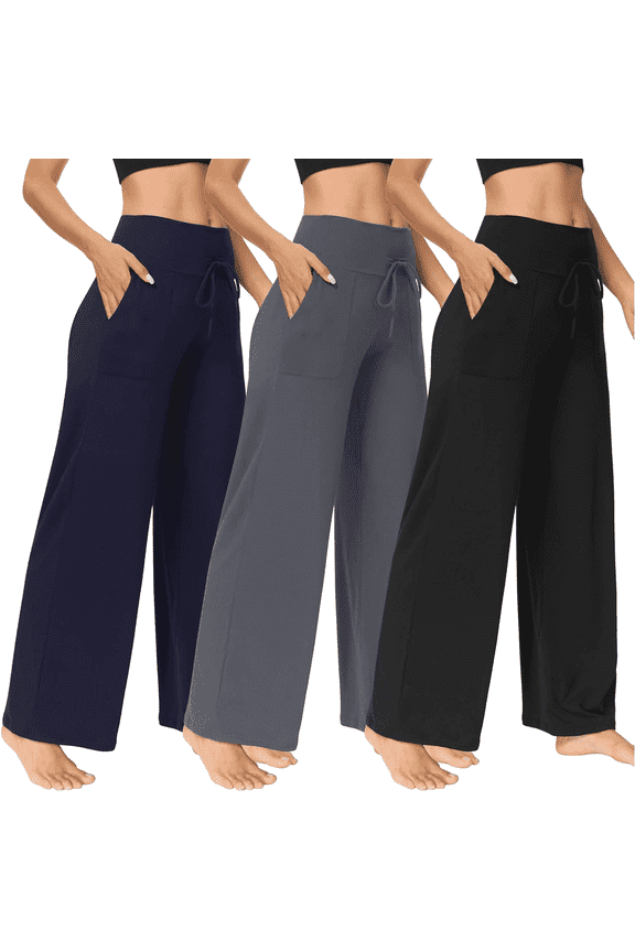 3 Pack Women's Wide Leg Pants with Pockets - Casual Loose Sweatpants Yoga Trouser Pants Sweat Palazzo Lounge Pajama Pants