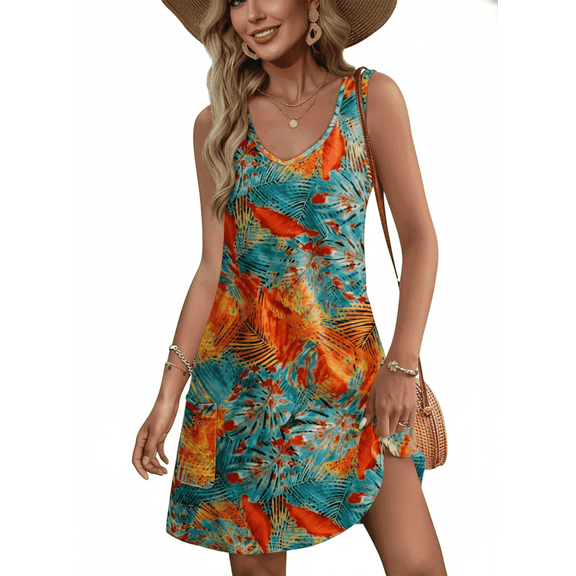 MLDRA Women’s Summer Boho Mini Dress for Women Casual V Neck Sleeveless Sundress Flowy Beach Vacation Dress with Pockets Cute Red