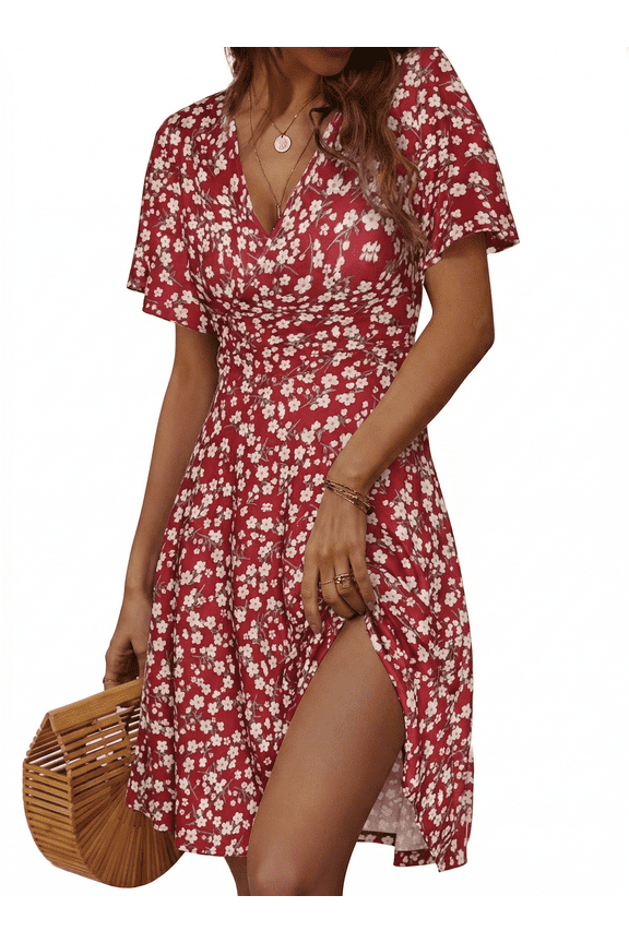 Boho Dresses for Women Summer Casual Short Sleeve Floral V Neck Above Knee Dress for Beach Vacation Holiday Party,Red Wedding Guest Dress