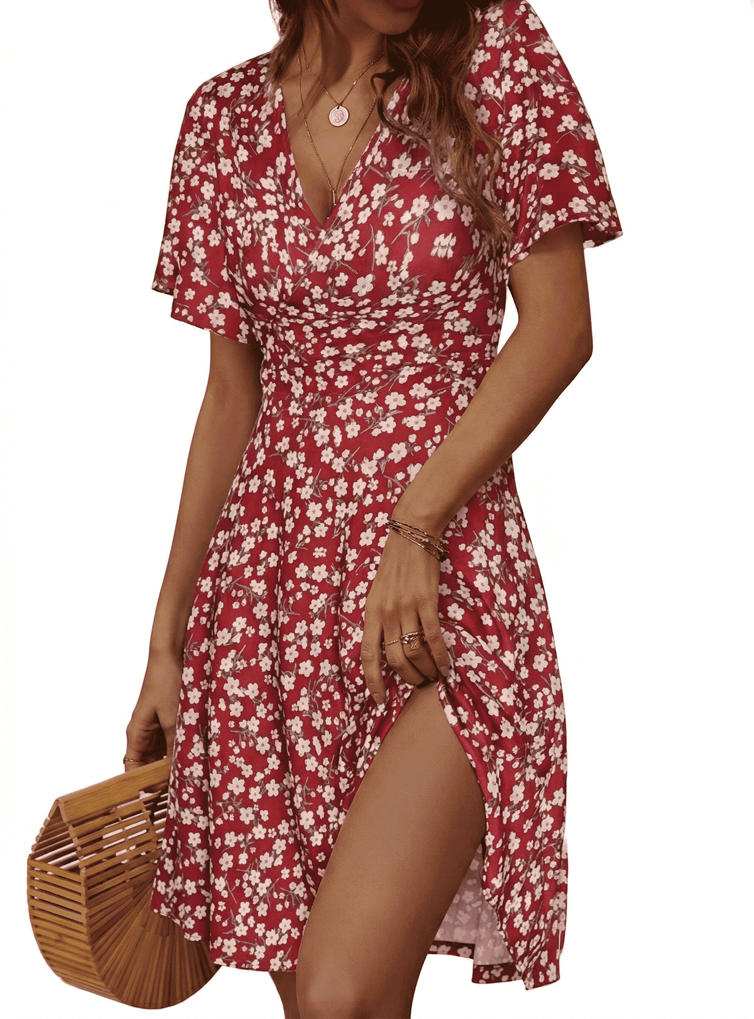red boho dress short MLDRA Dresses for Women Summer Casual Sleeve Floral V Neck Above Knee for Beach Vacation Holiday Party,Red Wedding Guest Dress BIS-04-29-24 Best of all Beaded V-neck Dusty Blue Size:Tall L