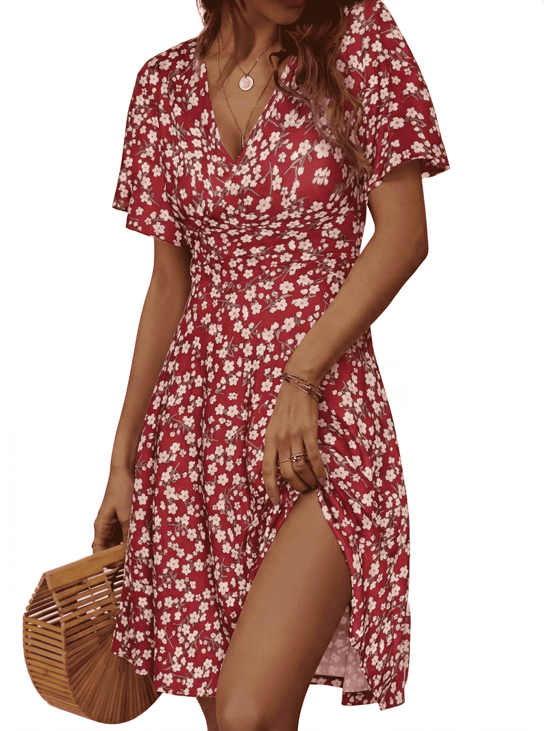 red boho dress short MLDRA Dresses for Women Summer Casual Sleeve Floral V Neck Above Knee for Beach Vacation Holiday Party,Red Wedding Guest Dress Long sleeve