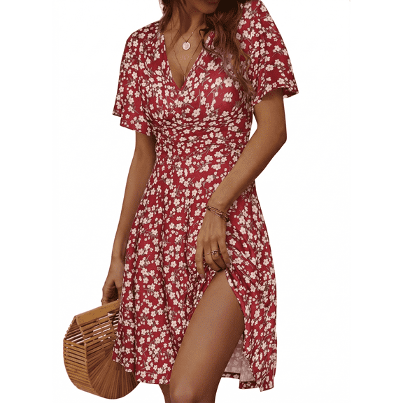 MLDRA Boho Dresses for Women Summer Casual Short Sleeve Floral V Neck Above Knee Dress for Beach Vacation Holiday Party,Red Wedding Guest Dress
