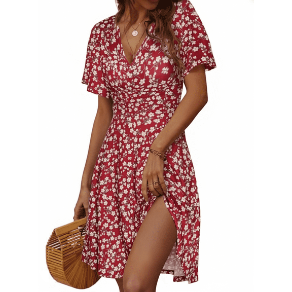 MLDRA Boho Dresses for Women Summer Casual Short Sleeve Floral V Neck Mini Dress for Beach Vacation Holiday Party,Red Wedding Guest Dress