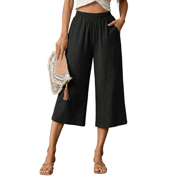 MLDRA Capri Wide Leg Pants for Women Iinen Pants Casual Lounge Workout Cropped Work Loose High Waisted with Pockets