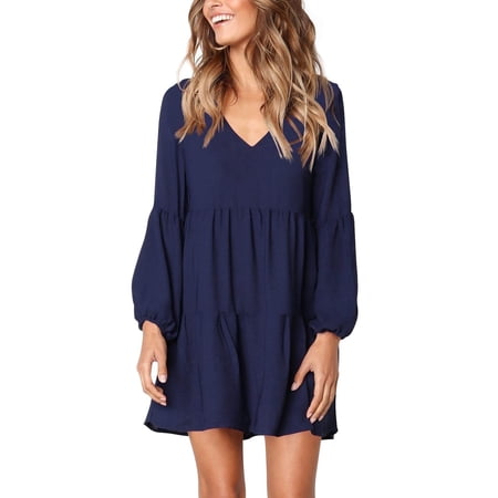 MLDRA Dresses for Women Long Sleeve Dress for Women Navy Blue V Neck Loose Flowing A Line Cute Casual Mini Dress with Pocket Spring