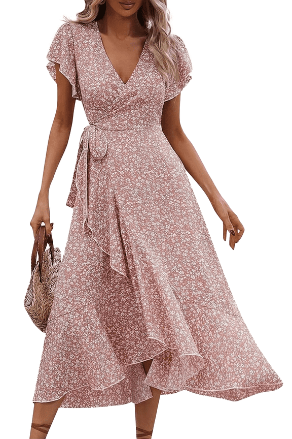 Dress for Women Flower Floral Wedding Guest Dress V Neck Wrap Ruffle Sleeve Beach Skirt Casual 2026 Summer Pink