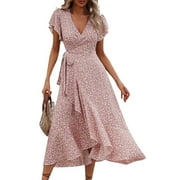 MLDRA Dress for Women Flower Floral Wedding Guest Dress V Neck Wrap Ruffle Sleeve Beach Skirt Casual 2025 Summer Pink