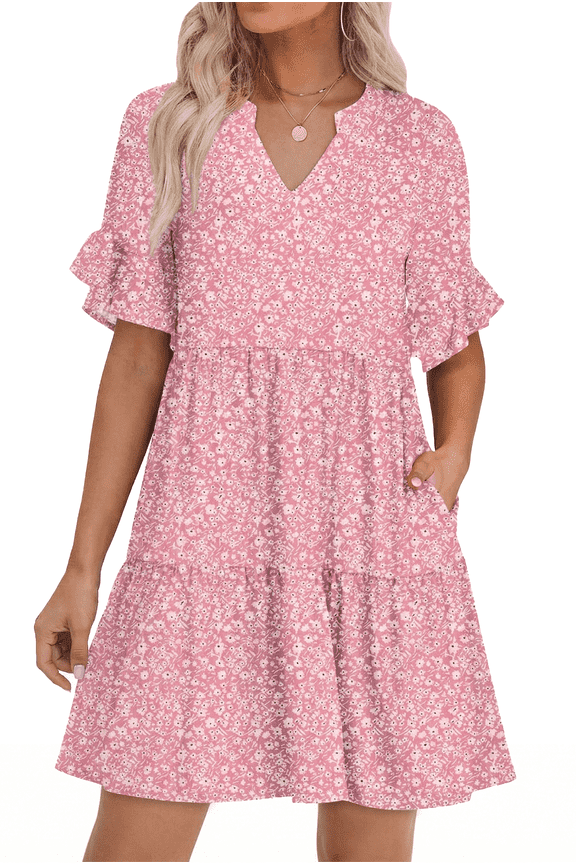 Dresses for Women V Neck Boho Summer Dresses with Pockets A Line Mini Beach Ruffle Sleeve Tiered Flowy Loose Casual 2026 XXL