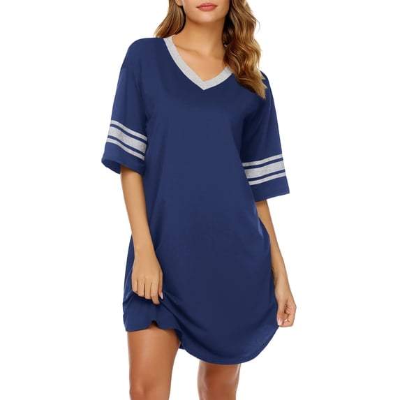 MLDRA Nightgown for Women Short Sleeve Sleepwear Casual Cotton Sleep Shirt Soft V Neck Lounge Sleep Shirts Color Block