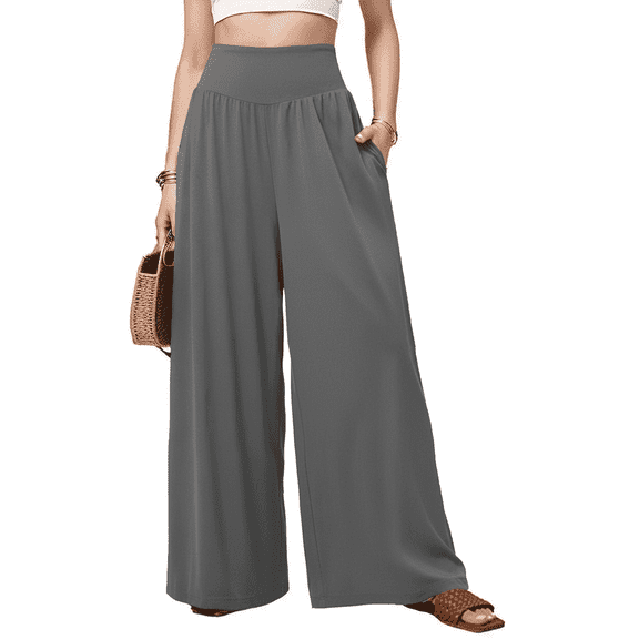 MLDRA Wide Leg Pants Women Flowy Dressy Cotton Casual Womens Pants Elastic High Waist Palazzo Pant for Women with Pockets