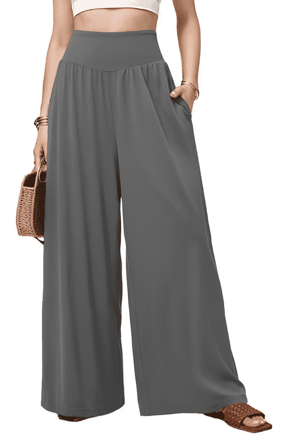Wide Leg Pants Women Flowy Dressy Cotton Casual Womens Pants Elastic High Waist Palazzo Pant for Women with Pockets