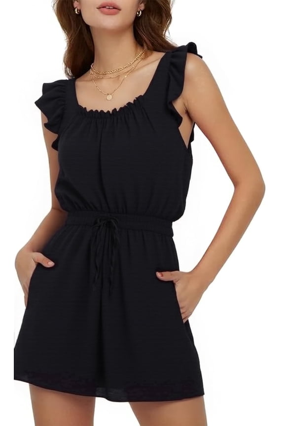 Rompers Short overalls for Women Ruffle Sleeves Square Neck Jumpsuits Drawstring with Pockets 2026 Summer Black