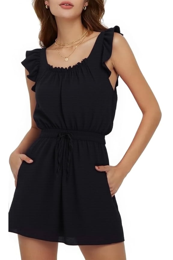 Rompers Short overalls for Women Ruffle Sleeves Square Neck Jumpsuits Drawstring with Pockets 2026 Summer Black