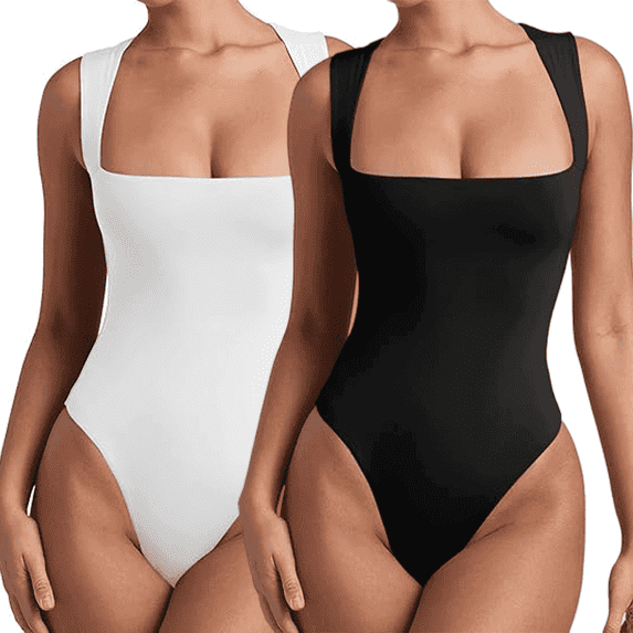 MLDRA 2 Piece Body Suits for Womens Sleeveless One Piece Square Neck Bodysuit Tummy Control Tank Tops Black+White
