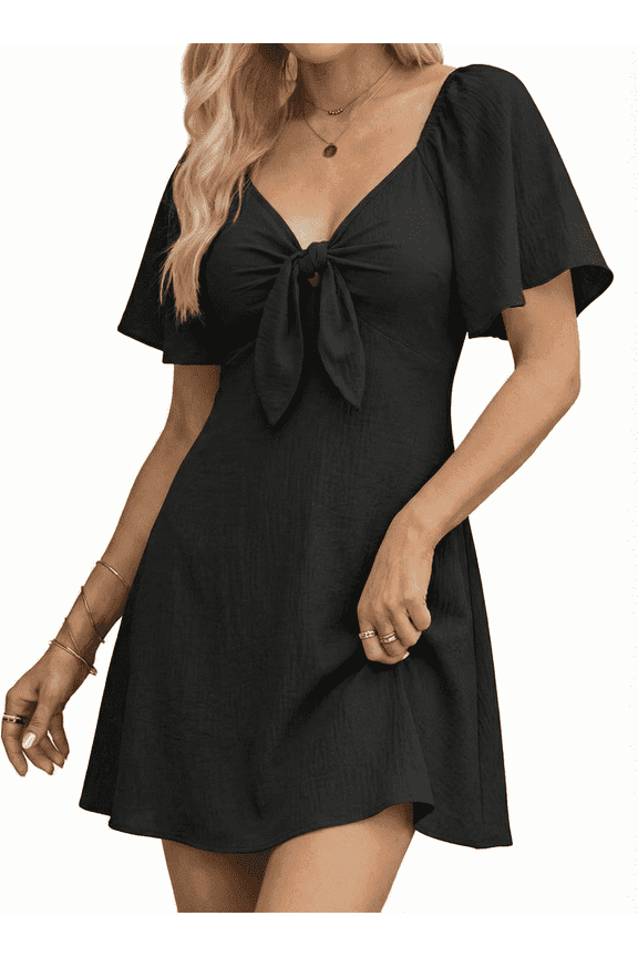 Summer Dresses for Women Bow Tie V Neck Elegant Mini Sundress Black Dress Flowy Ruffle Short Sleeve Cocktail Dress