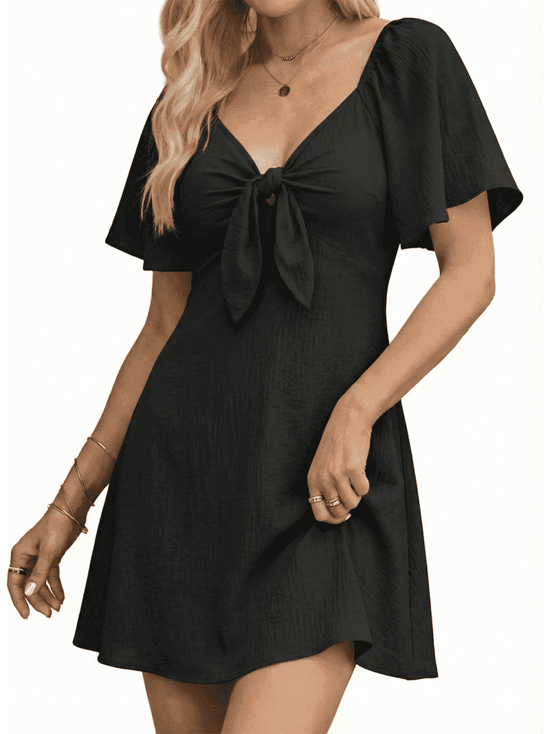 MLDRA Summer Dresses for Women Bow Tie V Neck Elegant Mini Sundress Black Dress Flowy Ruffle Short Sleeve Cocktail Dress