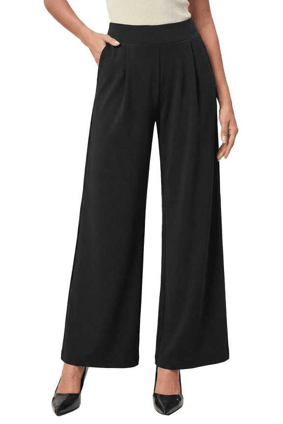 Women Dress Pants High Waisted Wide Leg Work Pants Stretchy Elastic Waist Palazzo Trousers with Pockets Black