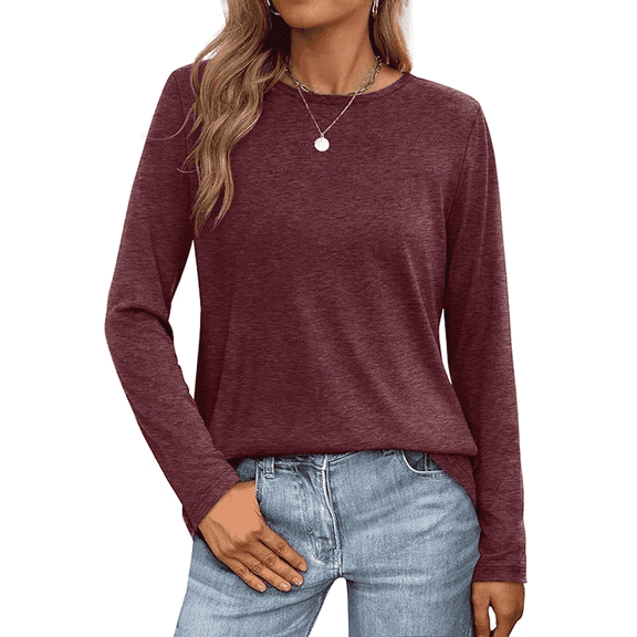 MLDRA T Shirts for Women Long Sleeve Shirts Crewneck Comfy Casual Basic Fall Tops Loose Fit Clothes Wine Red