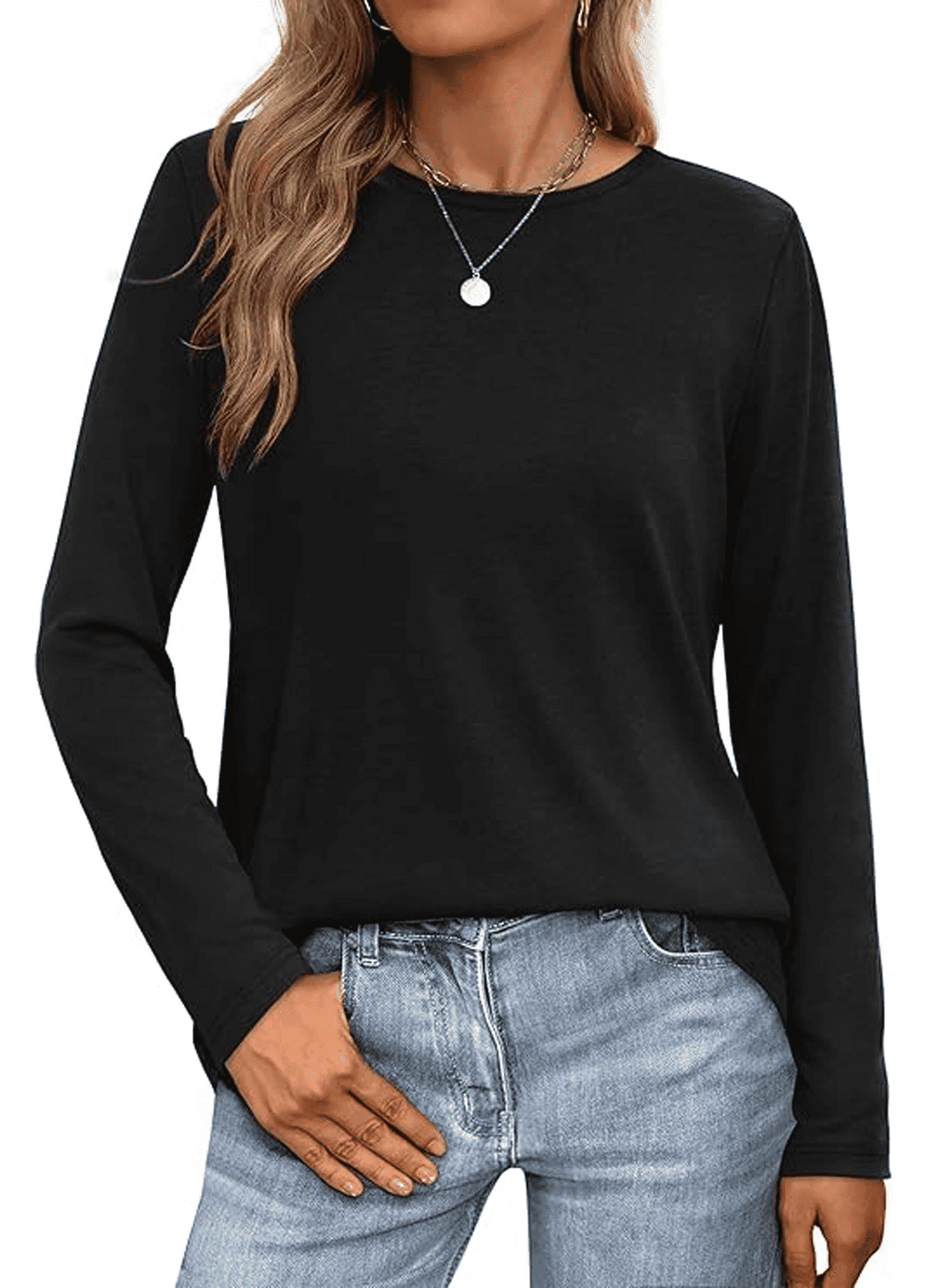 T Shirts for Women Long Sleeve Shirts Crewneck Comfy Casual Basic Fall Tops Loose Fit Clothes Black