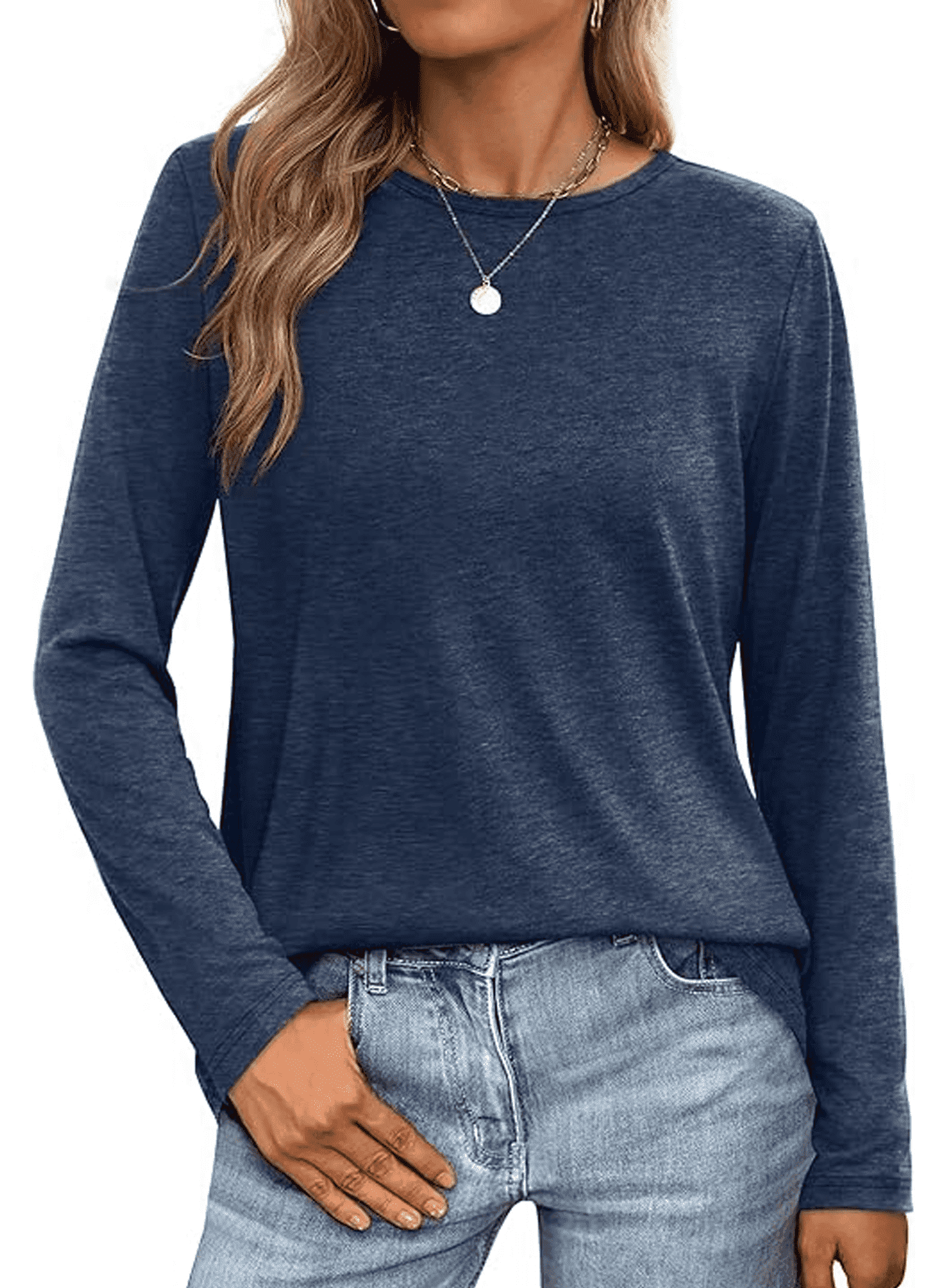 T Shirts for Women Long Sleeve Shirts Crewneck Comfy Casual Basic Fall Tops Loose Fit Clothes Dark Blue