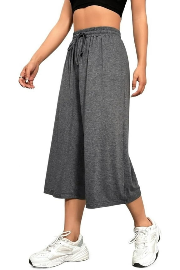 Womens Capri Pants Wide Leg Sweatpant Loose Yoga Flared Drawstring Comfy Lounge Pajama Palazzo Capris Adjustable with Pockets