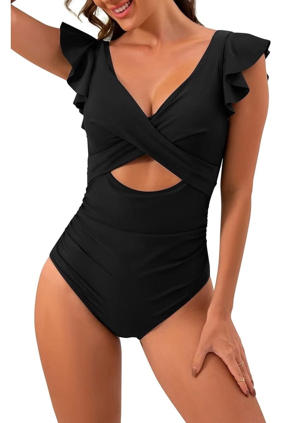Women's One Piece Swimsuit Ruffle Cutout Bathing Suits Slimming Tummy Control V Neck Wrap Swimwear Black