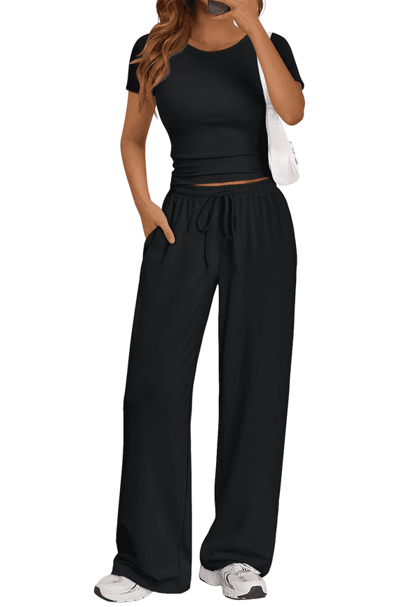 Women’s 2-Piece Lounge Set Crop Top & Wide Leg Pants Side Ruching Matching Vacation Travel Outfit Sweatsuits Sets Black