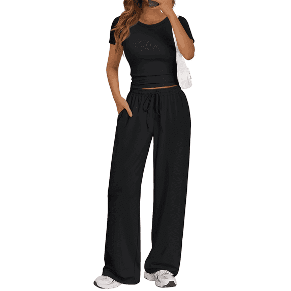 MLDRA Women’s 2-Piece Lounge Set Workout Set Crop Top & Wide Leg Pants Vacation Travel Outfit Sweatsuits Sets Black