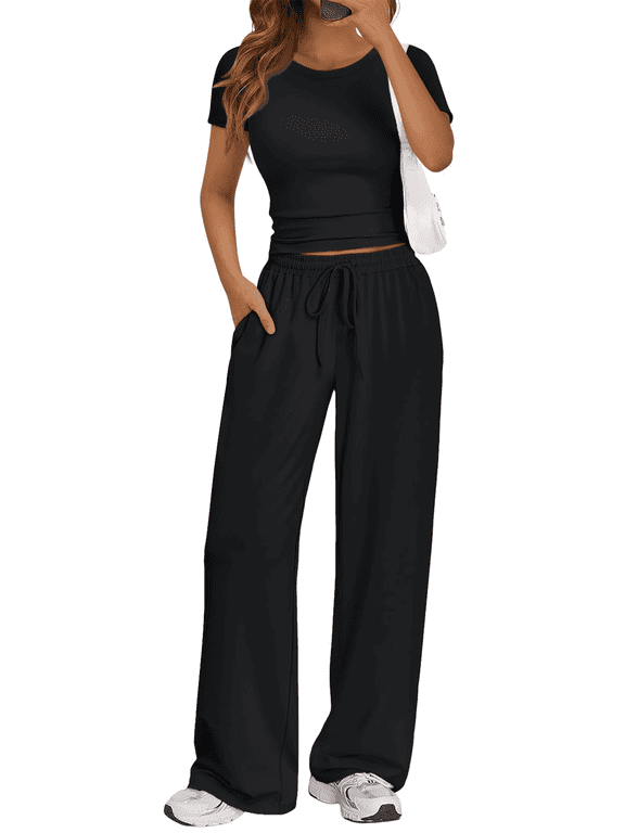 Women’s 2-Piece Lounge Set Workout Set Crop Top & Wide Leg Pants Vacation Travel Outfit Sweatsuits Sets Summer