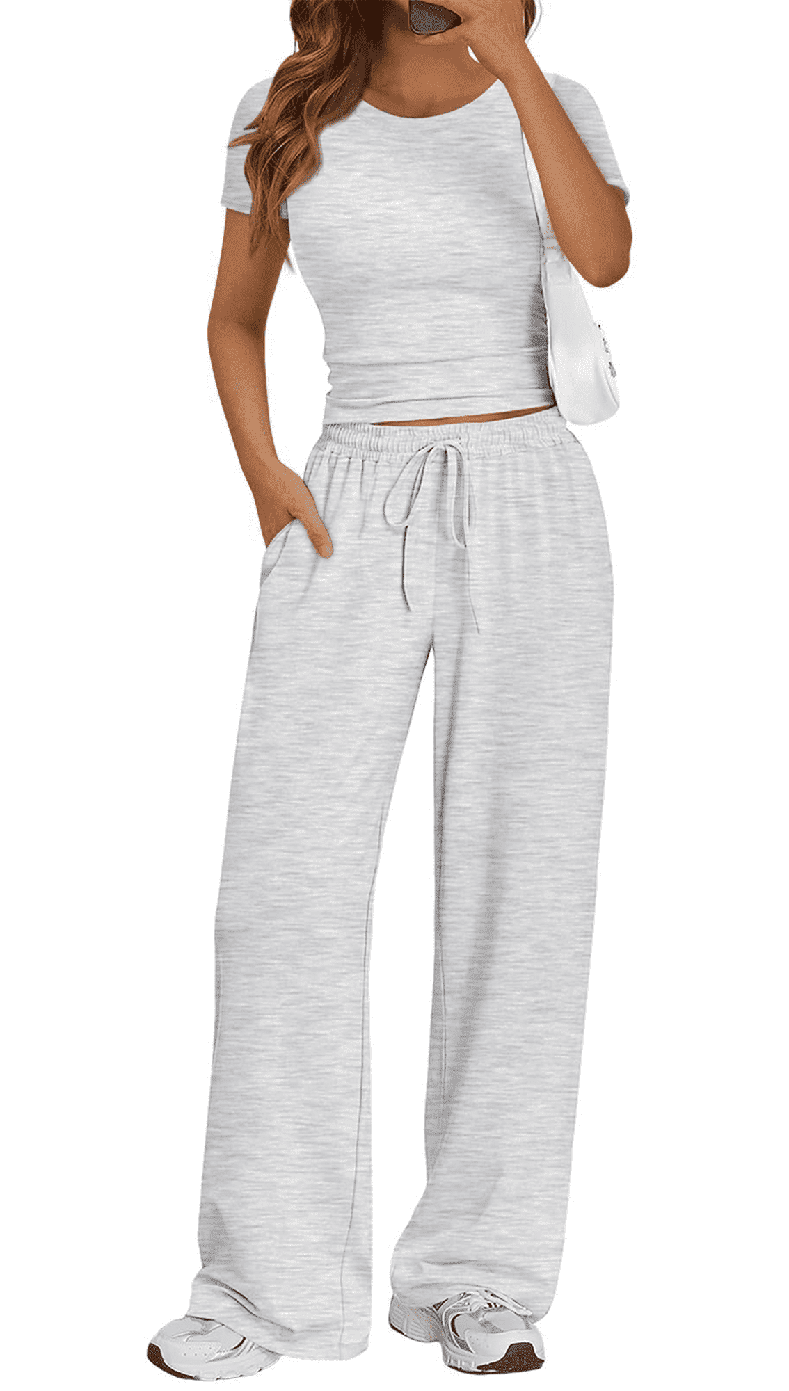 Women’s 2-Piece Lounge Set Workout Set Crop Top & Wide Leg Pants Vacation Travel Outfit Sweatsuits Sets Grey