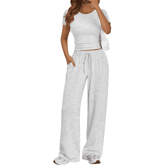 MLDRA Women’s 2-Piece Lounge Set Workout Set Crop Top & Wide Leg Pants Vacation Travel Outfit Sweatsuits Sets Grey