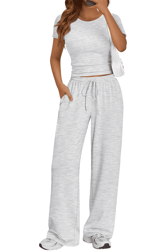Women’s 2-Piece Lounge Set Crop Top & Wide Leg Pants Side Ruching Matching Vacation Travel Outfit Sweatsuits Sets Grey