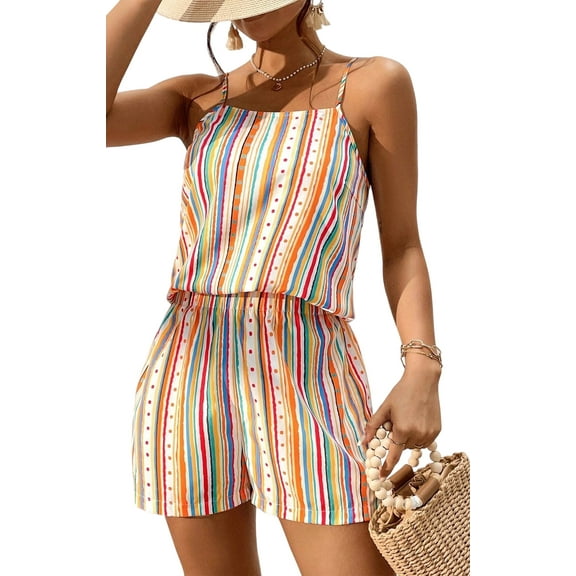 MLDRA Women's 2 Piece Outfits Boho Striped Print Cami Top and Shorts Set Summer Romper
