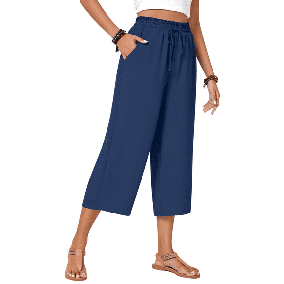 MLDRA Women's Capri Pants Drawstring Casual Palazzo Trousers with Pockets Loose High Waisted Wide Leg Lounge Pants Navy Blue M