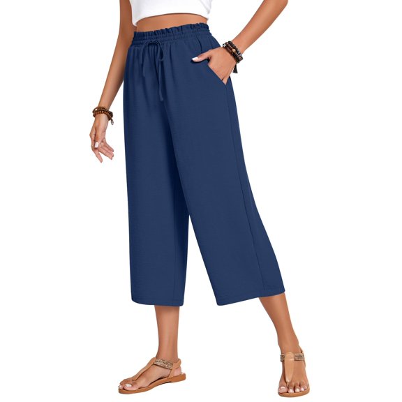 MLDRA Women's Capri Pants Drawstring Casual Palazzo Trousers with Pockets Loose High Waisted Wide Leg Lounge Pants Navy Blue XL